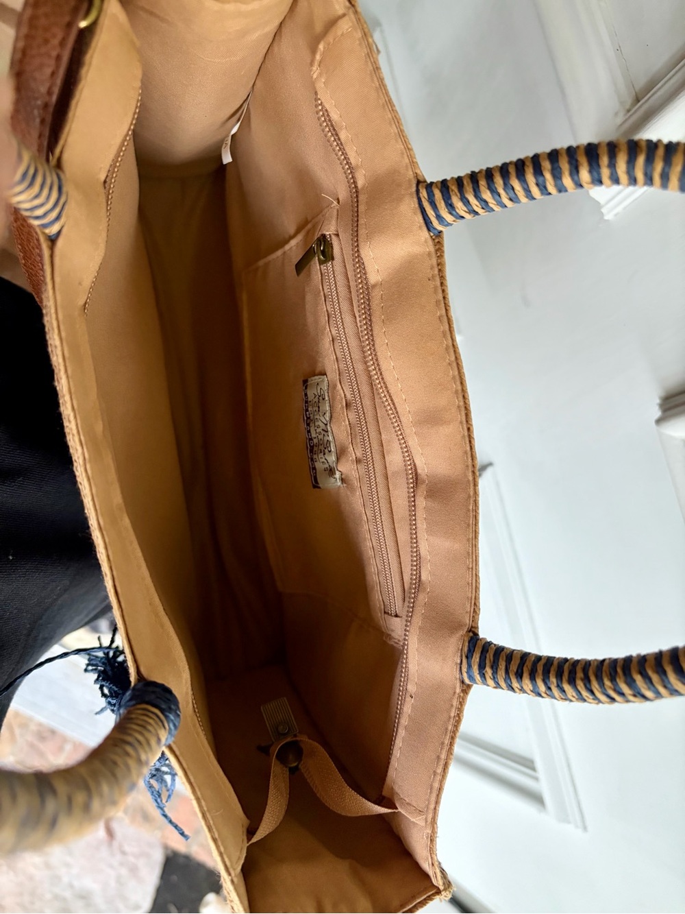 Striped Tan and Navy Straw Tote with Tassel - Picture 7 of 7